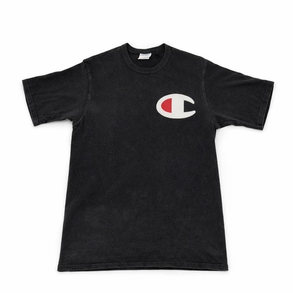 Vintage Y2K Champion Streetwear T-Shirt L Faded Distressed Patch Logo Tee Black - Picture 2 of 6